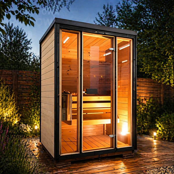 Kompaktowa sauna wewnętrzna z termodrewna w aranżacji domowej łazienki