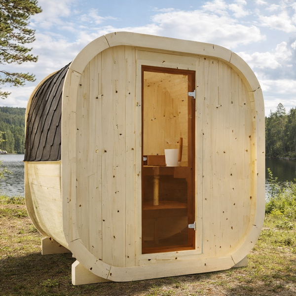 Kubiczna sauna ogrodowa z termodrewna stojąca na tarasie w otoczeniu zieleni