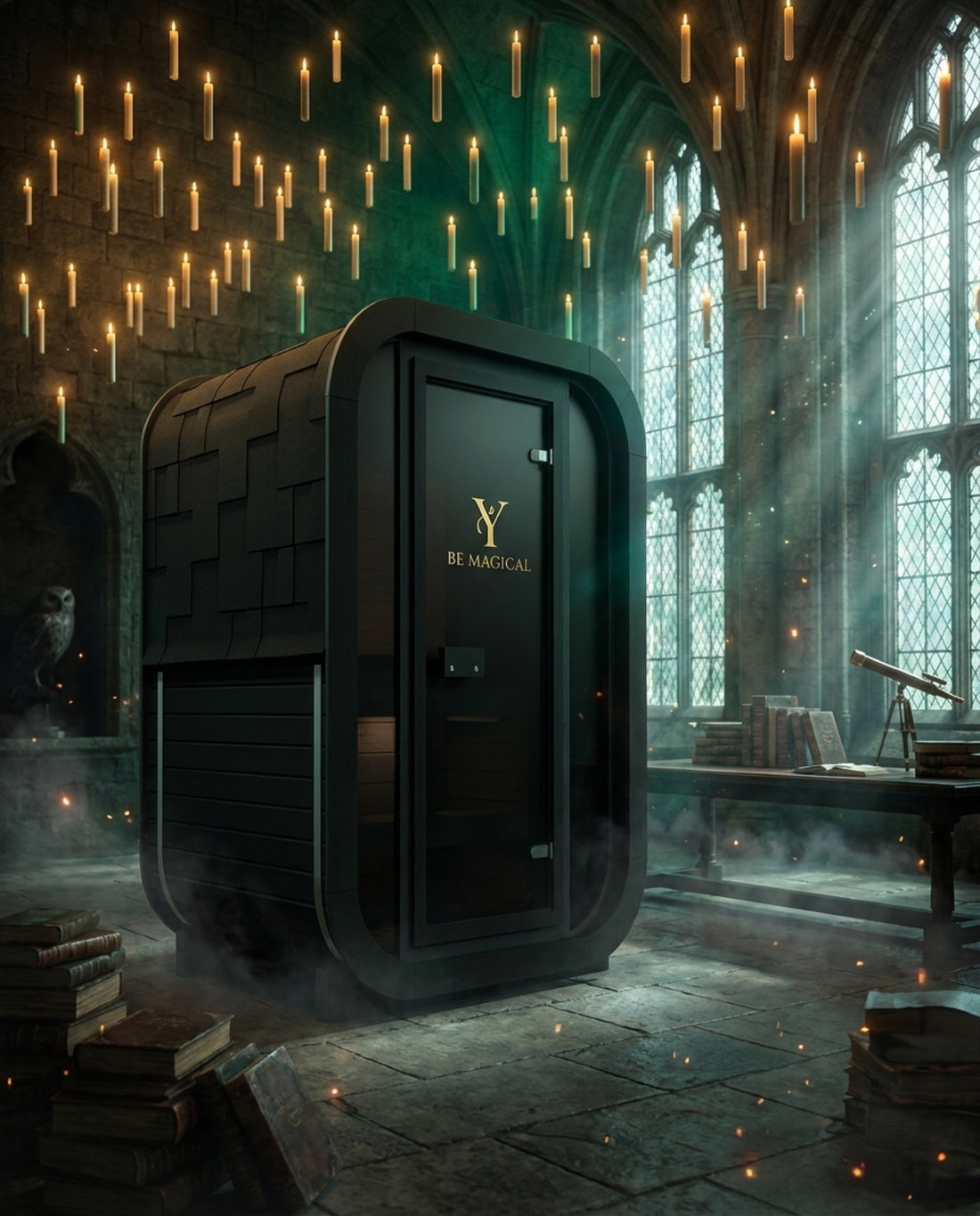 SAUNARI Magika Y — czarna sauna z sygnaturą Y · BE MAGICAL (wizualizacja)