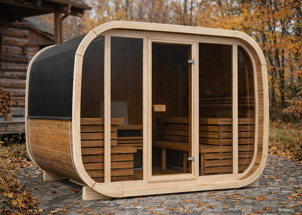 Panoramiczna sauna ogrodowa SAUNARI P1 z przeszkloną ścianą frontową o zmierzchu