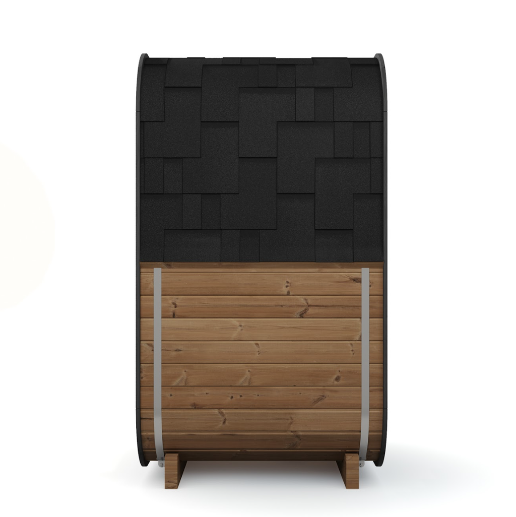 Sauna P130 o zmierzchu z podświetleniem wnętrza widocznym przez przeszklenie