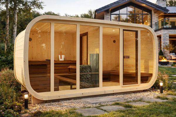 Czarna sauna ogrodowa panoramiczna z przeszkloną fasadą o zmierzchu