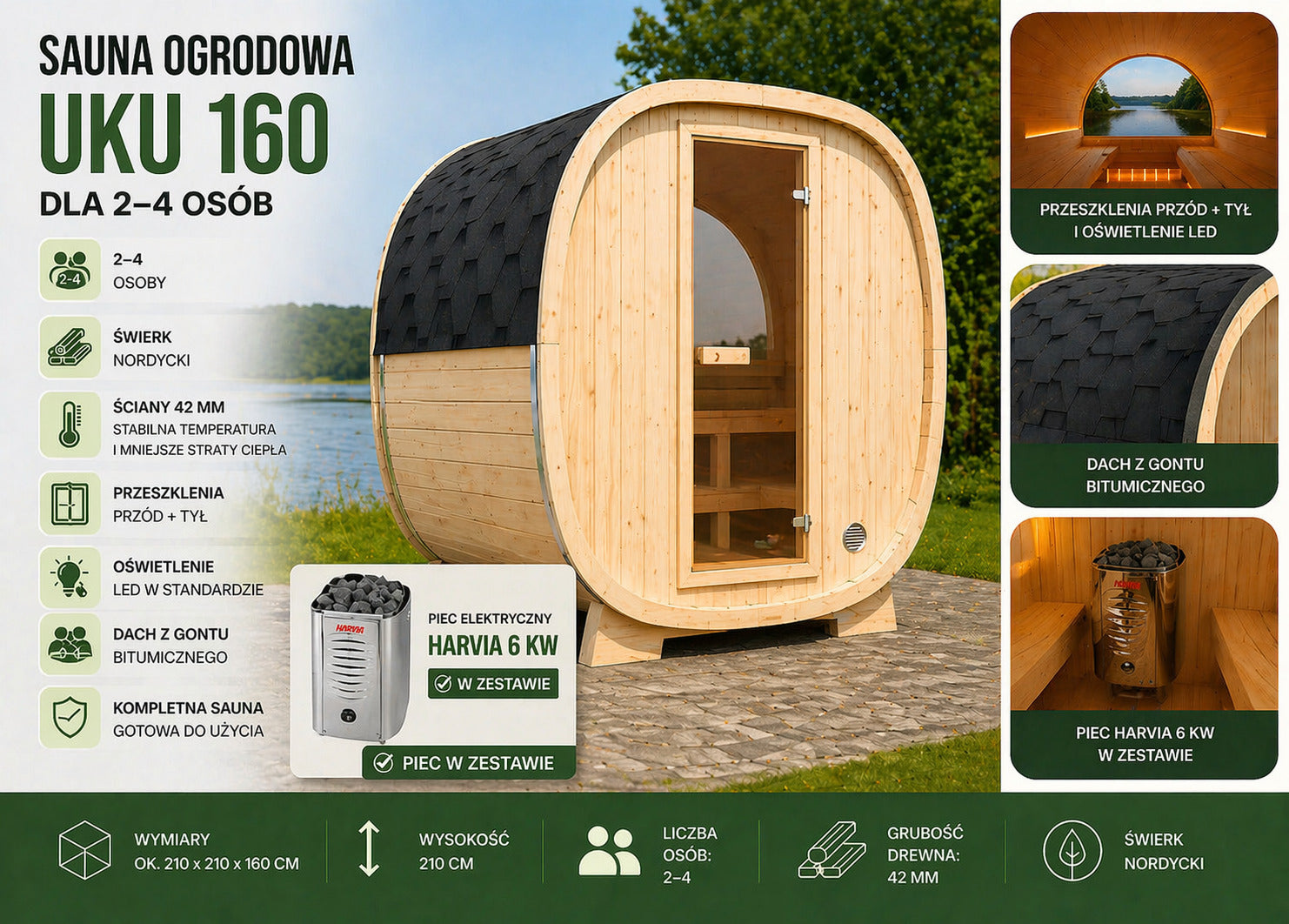 Drewniana sauna ogrodowa w kształcie beczki stojąca na tarasie