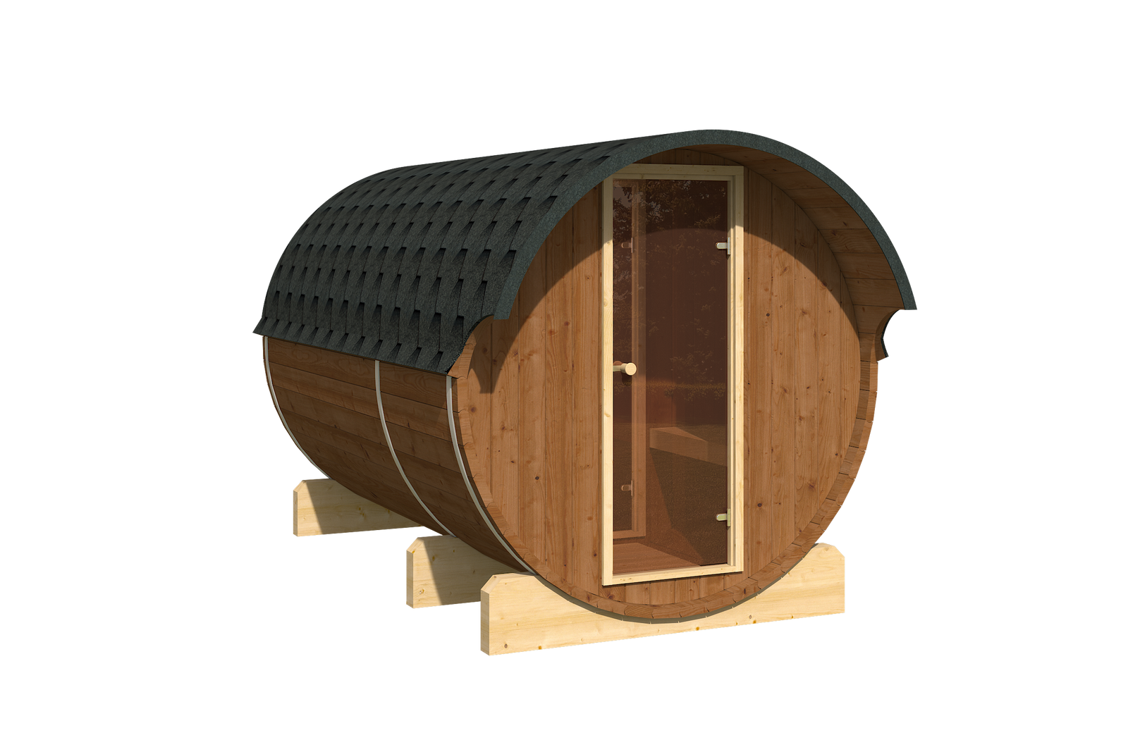 Sauna ogrodowa beczka o zmierzchu z podświetlonym wnętrzem