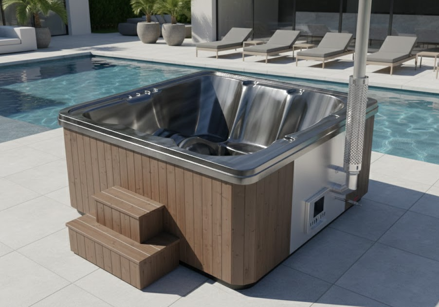 Jacuzzi ogrodowe SAUNARI W240 z termodrewna na tarasie o zmierzchu