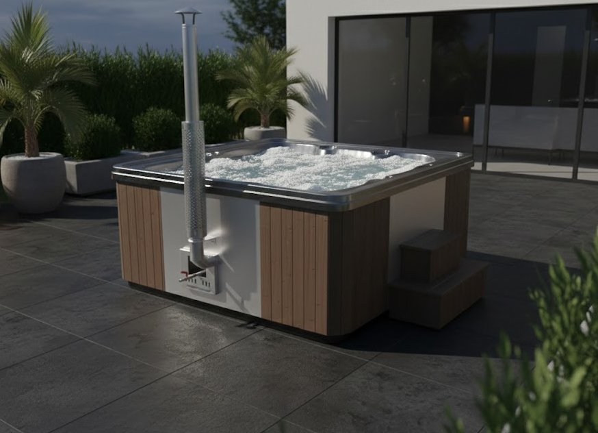 Sześcioosobowe jacuzzi ogrodowe SAUNARI W240 w otoczeniu zieleni