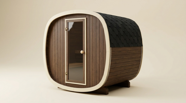 Sauna ogrodowa beczka SAUNARI U130 — ciemny thermowood, kremowa rama, wizualizacja 360