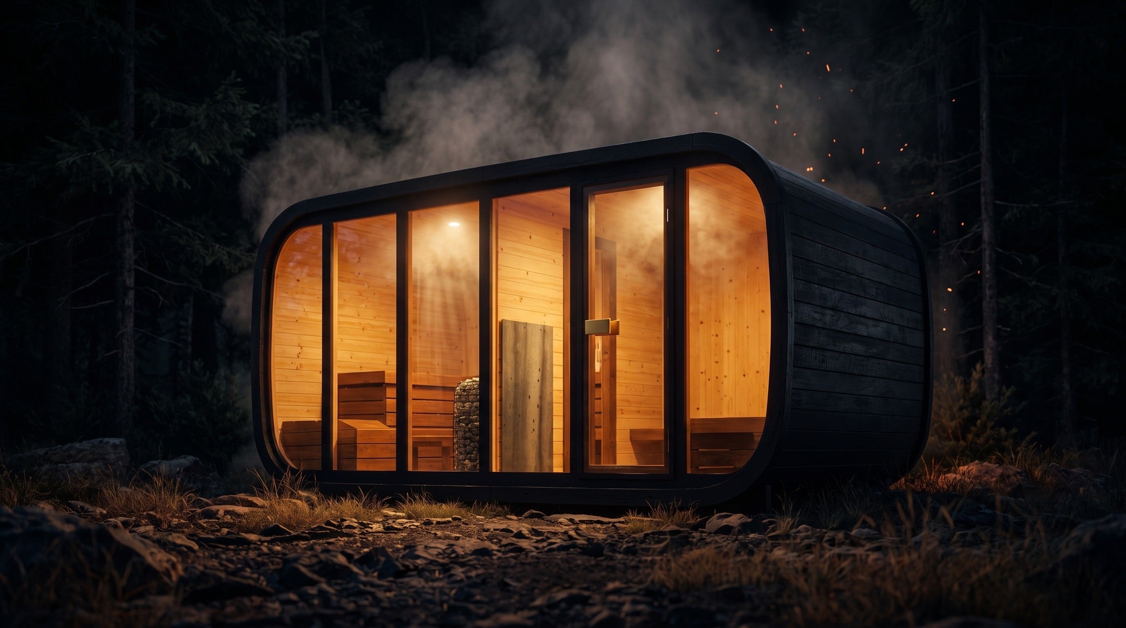Sauna nocą — żar okna na tle lasu (wizualizacja)